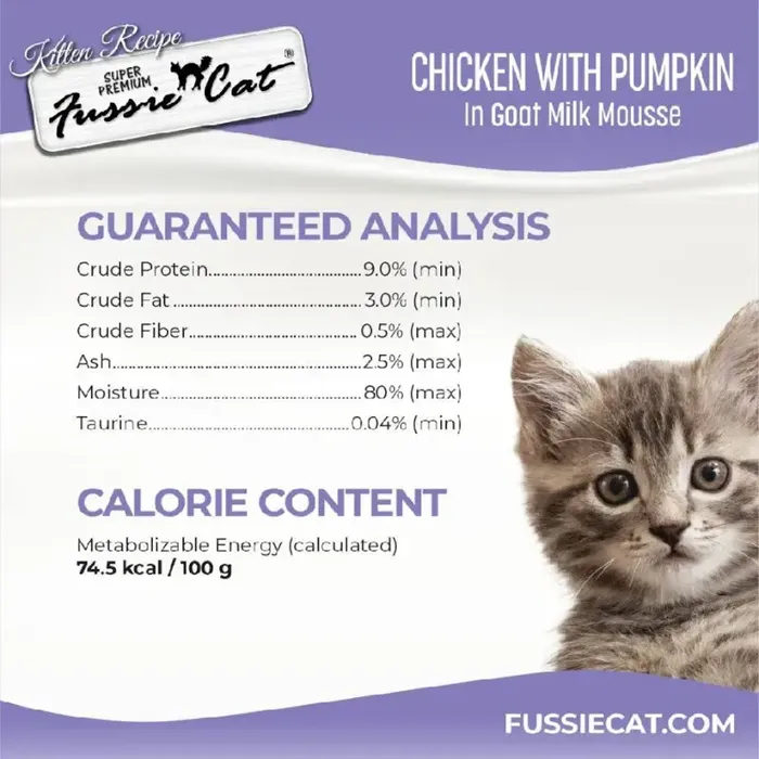 Fussie Cat Kitten Pouch Chicken With Pumpkin In Goat Milk Mousse & Shreds 1.5oz Cs12 (new)