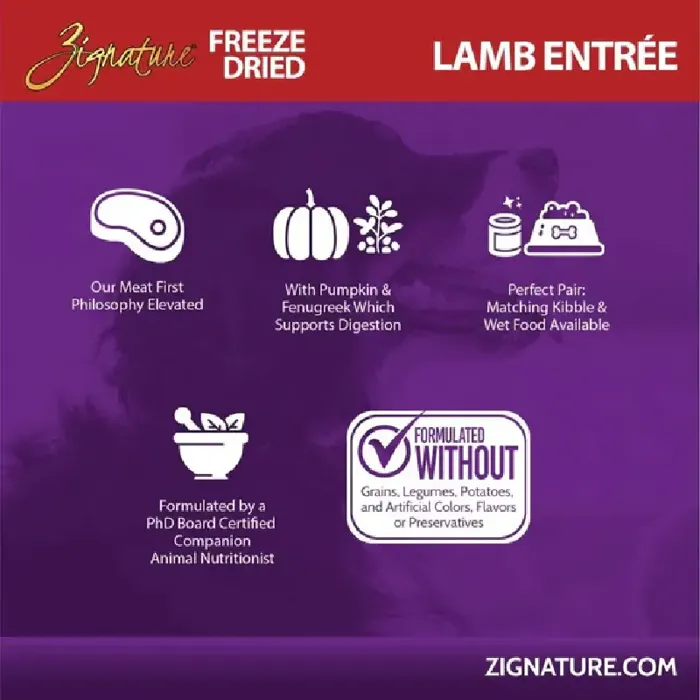 Zignature Freeze Dried Lamb Entrée 4 oz product features